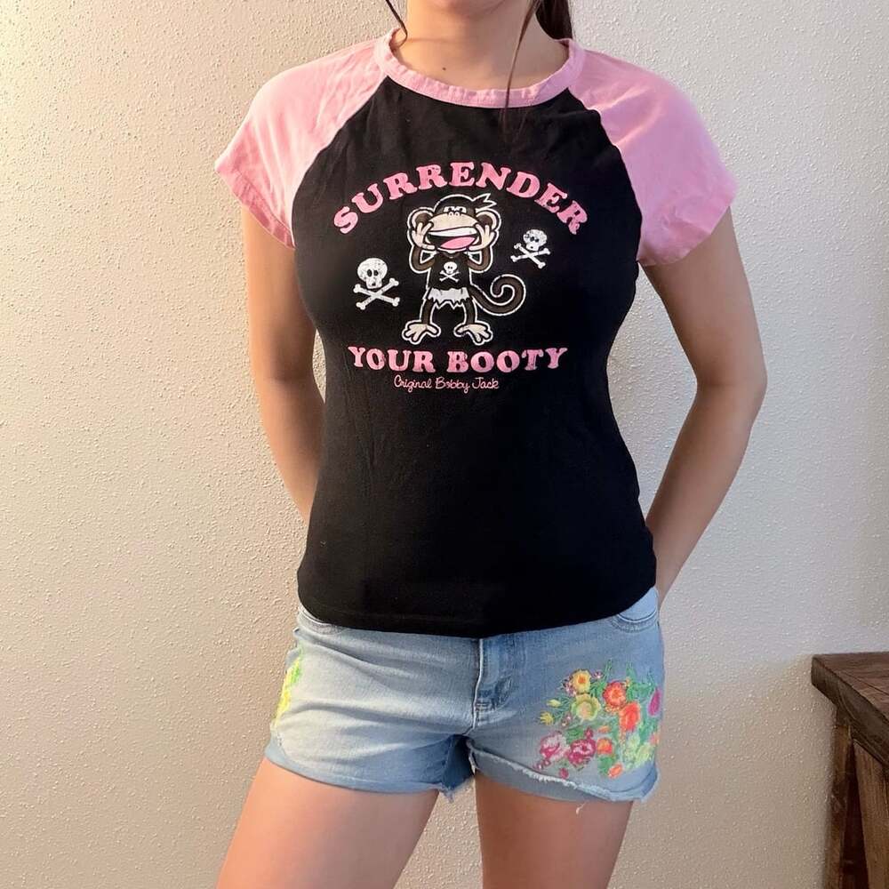 Bobby Jack Surrender Your Booty Black and Pink Raglan T-Shirt